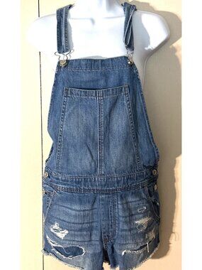 Y2k American Eagle Distressed Overall Shorts Denim Small Cut Off Frayed Thrashed